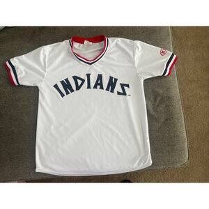 Vintage 80s 90s MLB Cleveland Indians Baseball Shirt Size XL White Red Blue